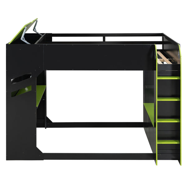 English Elm Full Size Loft Bed with Rgb Lighting Desk Drawers Hanging Rod Teen Bedroom Green LT000288AAF-1