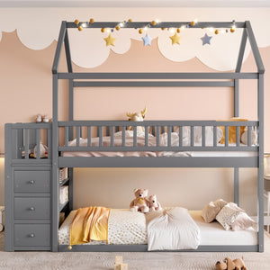 English Elm Twin/twin House Bunk Bed Solid Pine Playhouse Frame with Storage Drawers Shelves Grey W697S00033