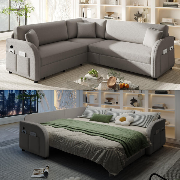 English Elm 85.1" Teddy Plush L-shaped Sectional Sleeper Sofa with Usb Ports and Pull Out Bed Light Grey W1885S00320