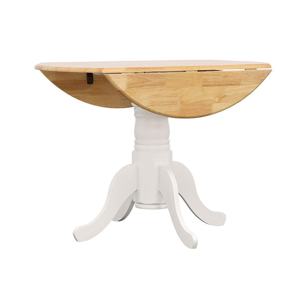 English Elm Round 40-inch Drop Leaf Dining Table White & Natural — Space-Saving Pedestal Base, Elegant Curved Legs, Cozy Cafe Style B016S00037