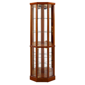 English Elm 6 Shelf Lighted Corner Curio Cabinet with Adjustable Tempered Glass Shelves, Acrylic Mirror Back, Solid Wood Frame Oak W1693P170925