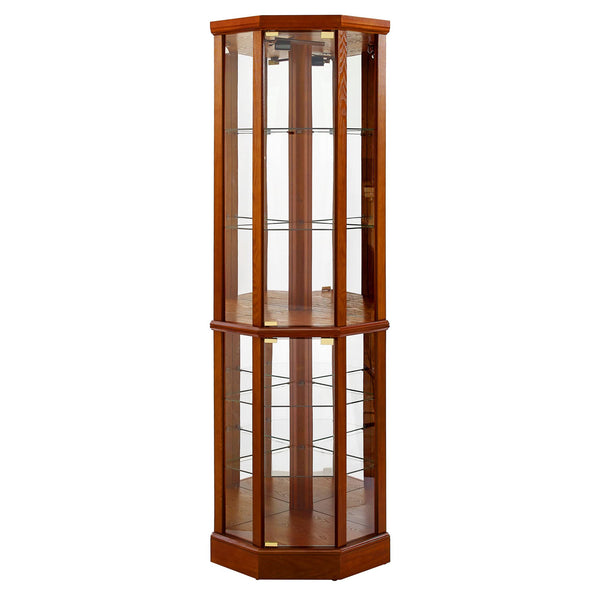 English Elm 6 Shelf Lighted Corner Curio Cabinet with Adjustable Tempered Glass Shelves, Acrylic Mirror Back, Solid Wood Frame Oak W1693P170925