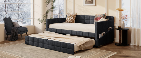 English Elm Modern Velvet Twin Daybed with Pull Out Trundle and Built in Armrest Storage Pockets Black SF000200AAB
