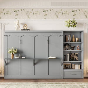 English Elm Queen Murphy Wall Bed with Folding Platform Side Cabinet Drawer and Adjustable Shelves Gray N733S407545E