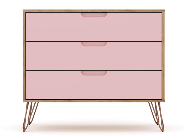 English Elm Rockefeller 35" Dresser with 3 Smooth-Glide Drawers, Metal Splayed Legs, TV-Ready Storage, Anti-Tip Pink B365P398128