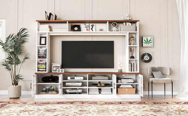English Elm 95.5" Wide Modern Farmhouse Wall Unit with Tempered Glass Cabinets and Bookshelf Storage White SJ000157AAK