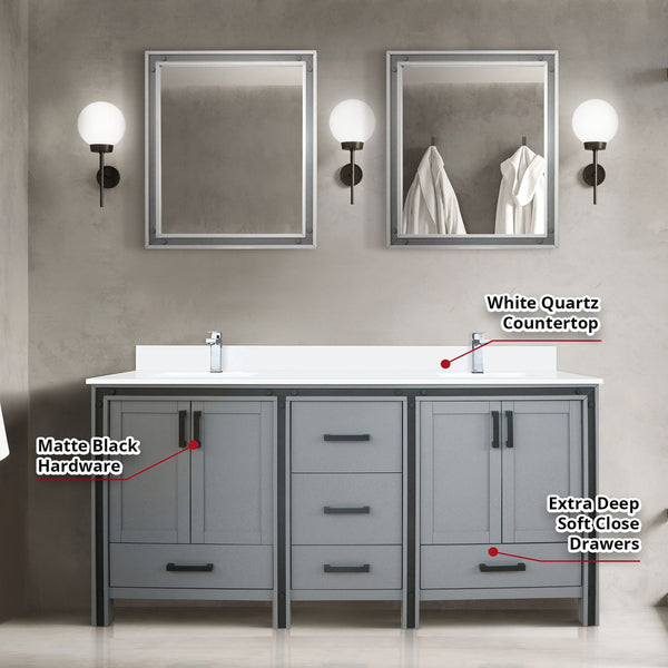English Elm Dark Grey Double Vanity 72" x 22" with White Quartz Top, Chrome Faucets, 30" Mirrors, Scratch-Resist Finish B2731S01130