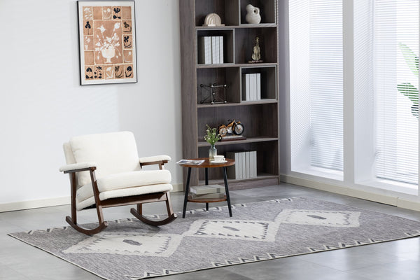 English Elm Mid Century Modern Rocking Chair Solid Wood Frame Upholstered Seat with Lumbar Cushion Antique White W2530P418996