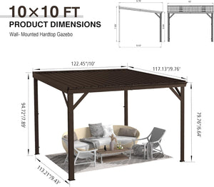 English Elm 8' 8 Ft Hardtop Lean to Pergola with Galvanized Steel Roof and Drainage for Patio Deck Brown W1859S00192