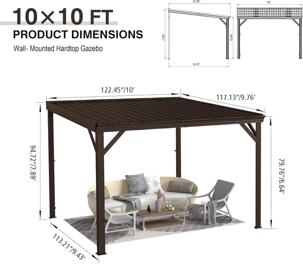 English Elm 8' 8 Ft Hardtop Lean to Pergola with Galvanized Steel Roof and Drainage for Patio Deck Brown W1859S00192
