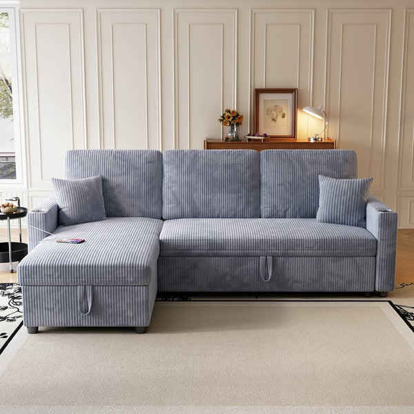English Elm Sectional Sleeper Sofa Corduroy Cloud Couch with Storage Chaise and Usb Charging Ports Gray W1825S00075