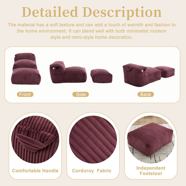 English Elm Big Corduroy Lounger Bean Bag with Ottoman Memory Foam Fill for Living Room Wine Red W395P435354
