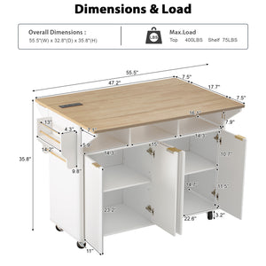 English Elm K&k Fluted Rolling Kitchen Island Faux Marble Top Power Outlet Storage Drawers White N707P353934W
