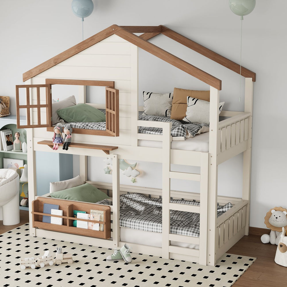 English Elm Full Bunk Bed with Trundle Bookshelf Storage Pine Frame Car Design for Kids W1580S00324
