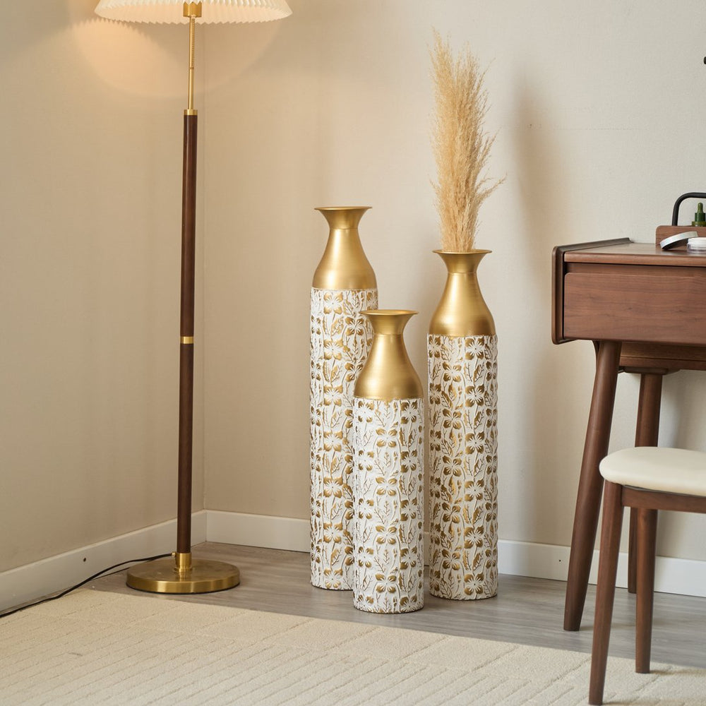 English Elm Mother's Gilded White 3D Relief Flower Metal Vase Set - Elegant Tall Cylinder Décor Trio, Gold Embossed Finish W2796P277632