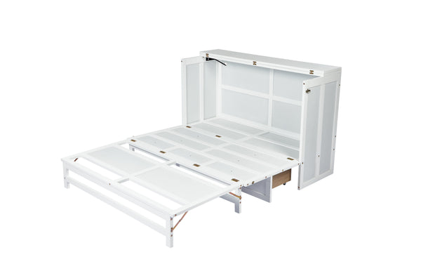 English Elm Murphy Cabinet Queen Bed Solid Pine Frame with Built-in Charging Station for Guest Rooms White W504S00164