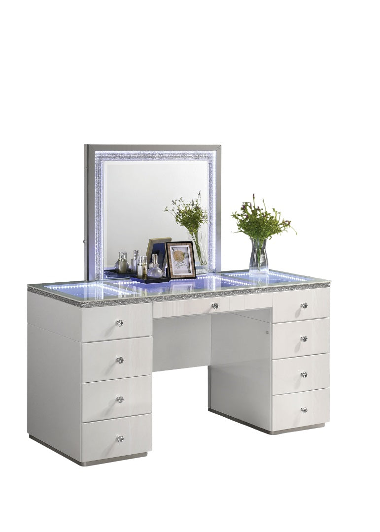 English Elm Contemporary Glam Vanity with Rhinestone Trim and Tempered Glass Top, High Gloss Finish, Illuminated Appeal White 35 L x 31 W x 4 H B2741S00672