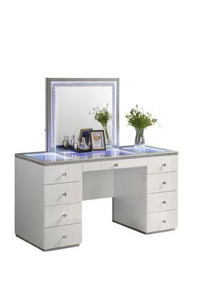 English Elm Contemporary Glam Vanity with Rhinestone Trim and Tempered Glass Top, High Gloss Finish, Illuminated Appeal White 35 L x 31 W x 4 H B2741S00672