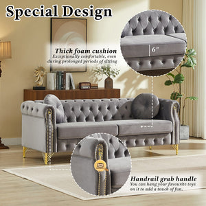 English Elm Velvet Chesterfield Tufted Sofa with Copper Stud Trim and Gold Legs for Glam Living Grey W834S00627
