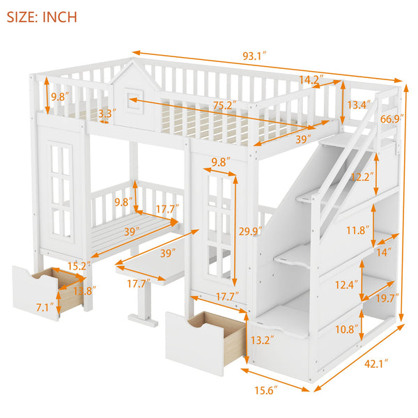 English Elm Twin-over-twin Bunk Bed Convertible Lower Desk Solid Pine Kids Bedroom Space Saver White LT000681AAK-1