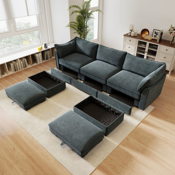English Elm U Shape 3 Seater Modular Sofa With Movable Ottomans & Hidden Storage Drawers For Modern Living W3041S00197-GIGA