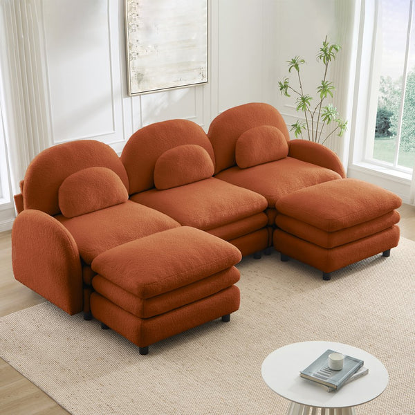 English Elm Teddy Fleece Modular Cloud Sofa Plush Three Seat Sectional with Movable Ottomans Orange W5656S00099
