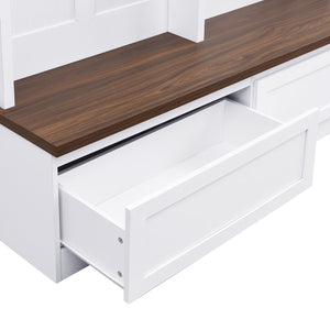English Elm Rattan Door Hall Tree Bench with 6 Hooks Farmhouse Entryway Storage White+Walnut N721S000076K