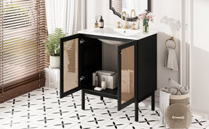 English Elm 30-inch bathroom vanity with handwoven rattan doors, ceramic sink, soft-close hinges, black bamboo elegance N729P285517B