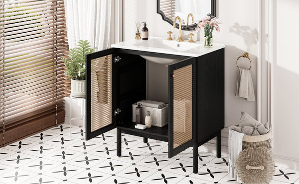 English Elm 30-inch bathroom vanity with handwoven rattan doors, ceramic sink, soft-close hinges, black bamboo elegance N729P285517B