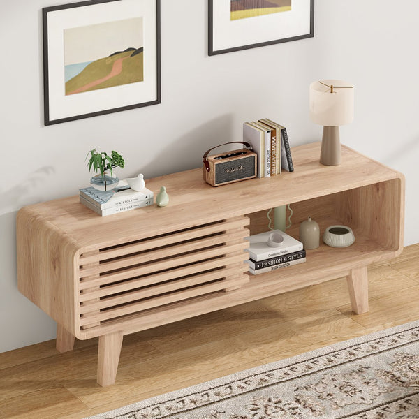 English Elm TV Stand Sleek Mid-Century Console with Sliding Door Storage and Open Shelves for Organized Living Room Natural T3623P379956