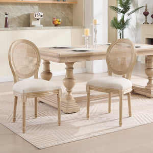 English Elm French Country Dining Chairs Set Of 2 - Upholstered Rattan Back, Elegant Carved Design For Home Use W3426P324257