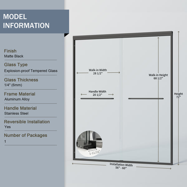 English Elm 56-60 in Semi-frameless Bypass Shower Door Matte Black Tempered Glass Walk-in W1573P239432