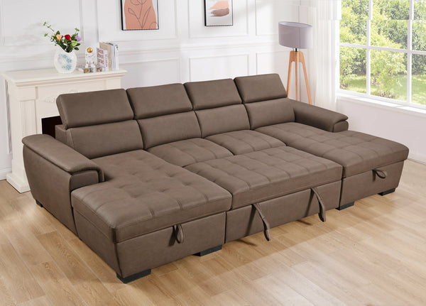 English Elm U U Shaped Sleeper Sofa with Pull-Out Bed and Hidden Chaise Storage, Plush Corduroy Comfort Dark Brown W1417S00130