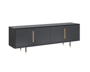 Sunpan Danbury Modern Media Console with Rustic Bronze Accents and Gold Caps - Slate Navy Finish Elegance