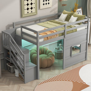 English Elm Twin Loft Bed Pinewood Frame with Storage Staircase Led Lighting and Window Cutout Gray GX000436AAE