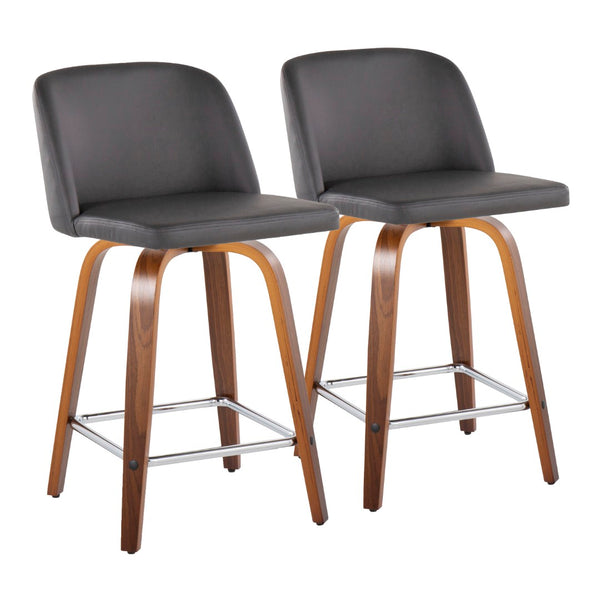 English Elm Toriano 24" Mid-Century Modern Counter Stools Set Of 2 - Swivel Grey Faux Leather & Walnut Wood B202S00138-GIGA