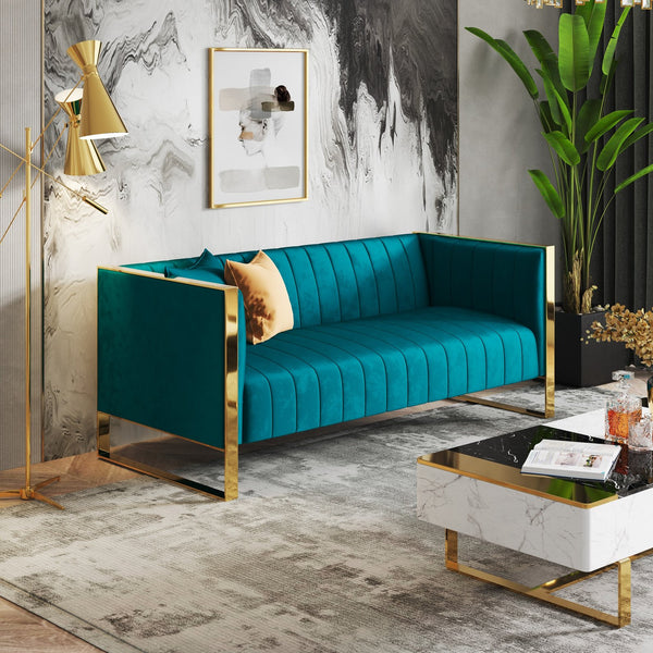 English Elm Trillium 83" Velvet Sofa with Gold Stainless Steel Frame, Vertical Stitching, Plush High-Density Foam Teal B365P398097