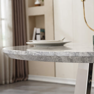 English Elm 47" Round Marble Dining Table - Elegant High Gloss Faux Marble Top & Durable Stainless Steel Base W3456S00008