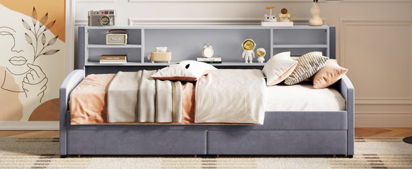 English Elm Twin Velvet Upholstered Platform Bed with Plush Headboard, Underbed Drawers & Hidden Cabinet Storage Gray SF000183AAE