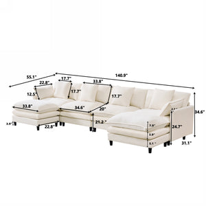 English Elm 140.9-inch U-shaped Modular Sectional Sofa with Ottomans Chenille Cloud Cushions Beige W288S00029