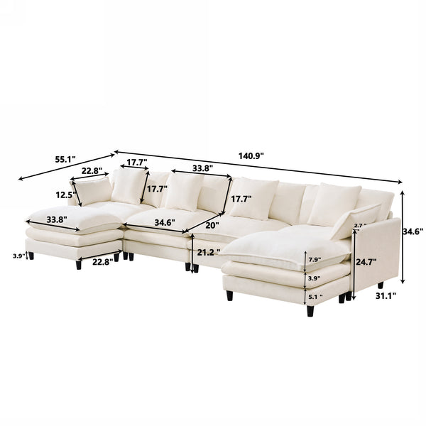 English Elm 140.9-inch U-shaped Modular Sectional Sofa with Ottomans Chenille Cloud Cushions Beige W288S00029