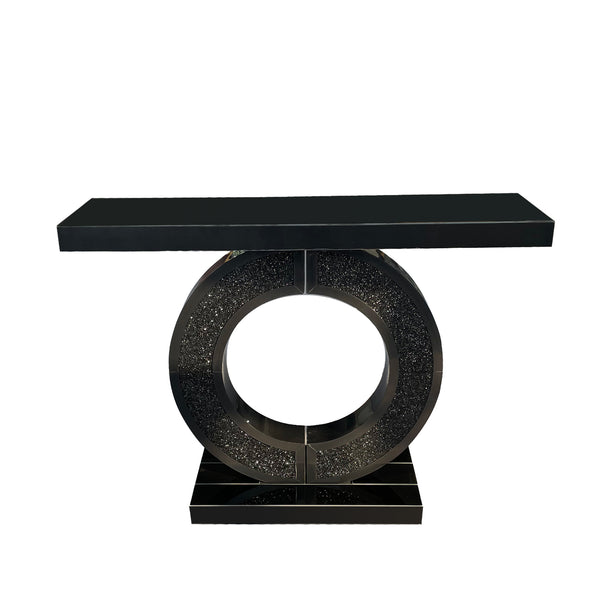 English Elm Mirrored Console Table with Diamond Inlay Double O Base Glam Entryway Accent Black W3836P420858