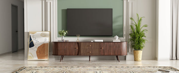 English Elm 70 Inch Mid Century Media Console with Tambour Doors Fluted Drawers and Wood Legs N710P419840P