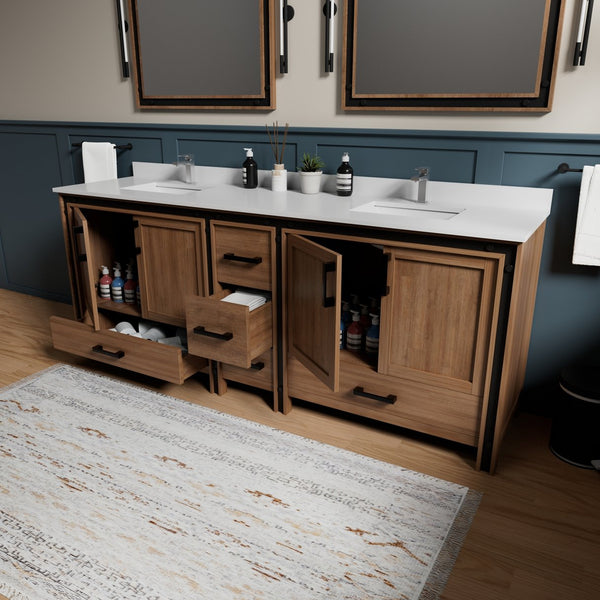 English Elm Rustic Barnwood Double Bath Vanity 84" W x 22" D with Cultured Marble Top, Solid Wood, Soft-Close Storage B2731P260761