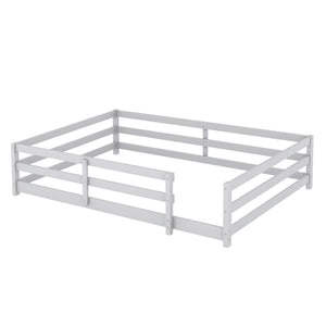 English Elm Full Montessori Floor Bed with Fence and Door, Natural Pine Slatted Full Size Bed, 300lb Capacity, Easy Assemble Grey W1820P369891