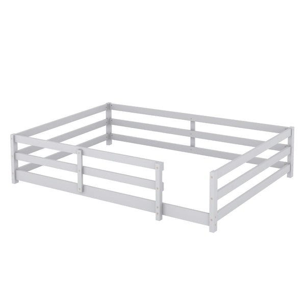 English Elm Full Montessori Floor Bed with Fence and Door, Natural Pine Slatted Full Size Bed, 300lb Capacity, Easy Assemble Grey W1820P369891