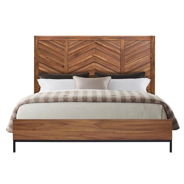 English Elm Astoria King Bed Acacia Wood Chevron Headboard with Usb Ports and Metal Legs B108S00048