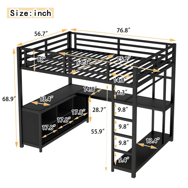 English Elm Metal Loft Bed With Integrated Desk, Storage Shelves & Wardrobe – Space-Saving Solution For All Ages W1580S00117