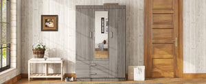 English Elm 3-door Wardrobe with Full Length Mirror Lockable Drawer and Bedroom Shelf Storage Gray LP006601AAE