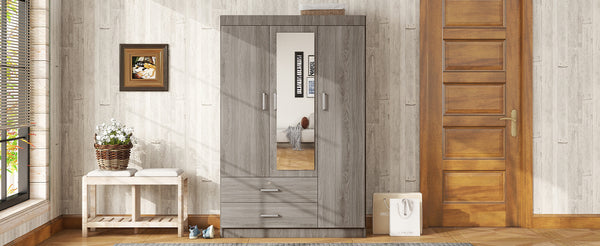 English Elm 3-door Wardrobe with Full Length Mirror Lockable Drawer and Bedroom Shelf Storage Gray LP006601AAE